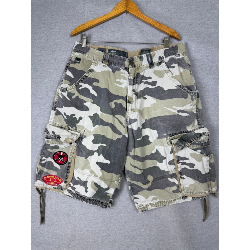 Vintage JNCO Camo Cargo Shorts Mens 35 Baggy Skater Heavy Duty Twill 90s Patch